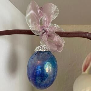 NEW Vintage Glass Egg Ornament Crackle Finish 2-Tone Blue Purple with Ribbon